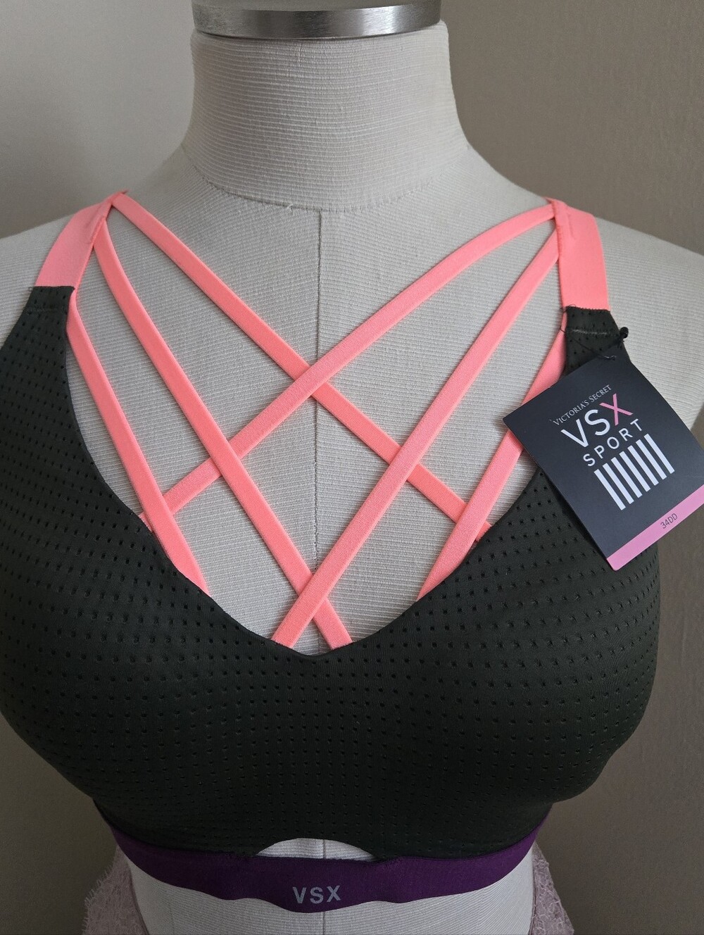 VSX Strappy Cross-Back Sports Bra in Neon Pink and Black